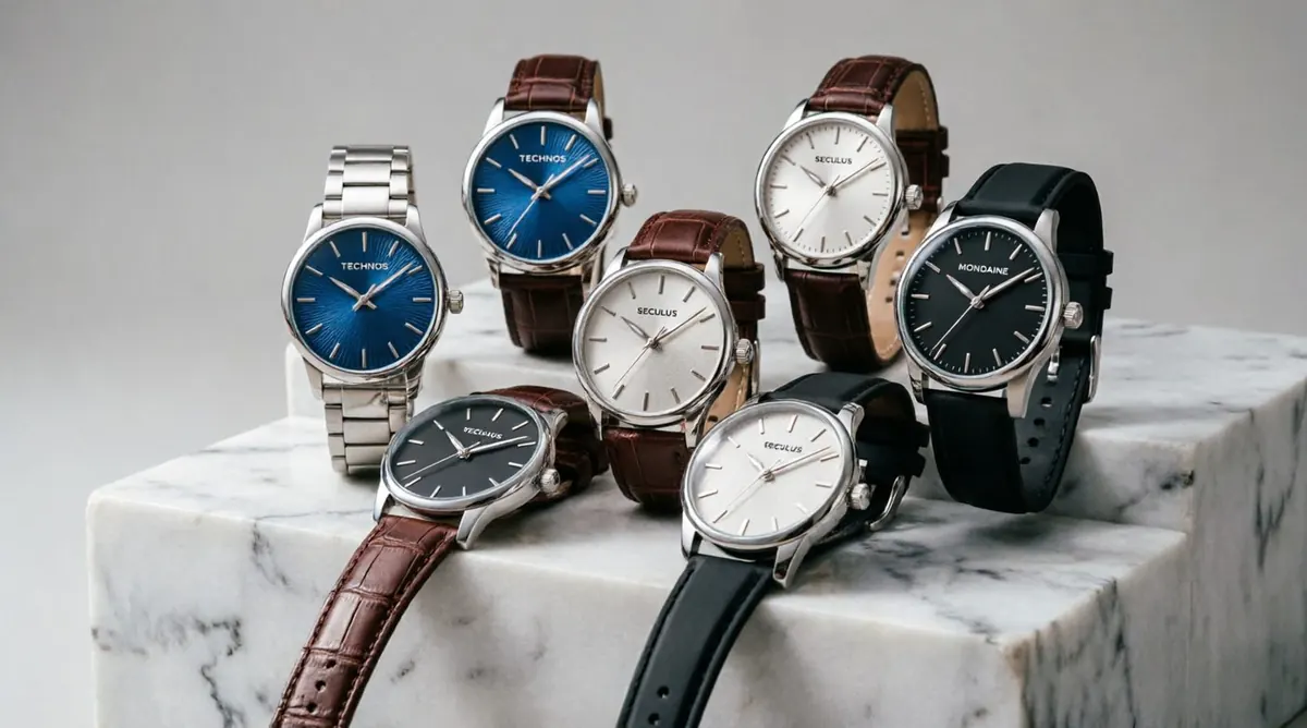 Coleção de relógios das marcas Technos, Seculus e Mondaine disponíveis na VIP Joalheria e Ótica em Guaíba RS — modelos masculinos e femininos sobre pedra mármore