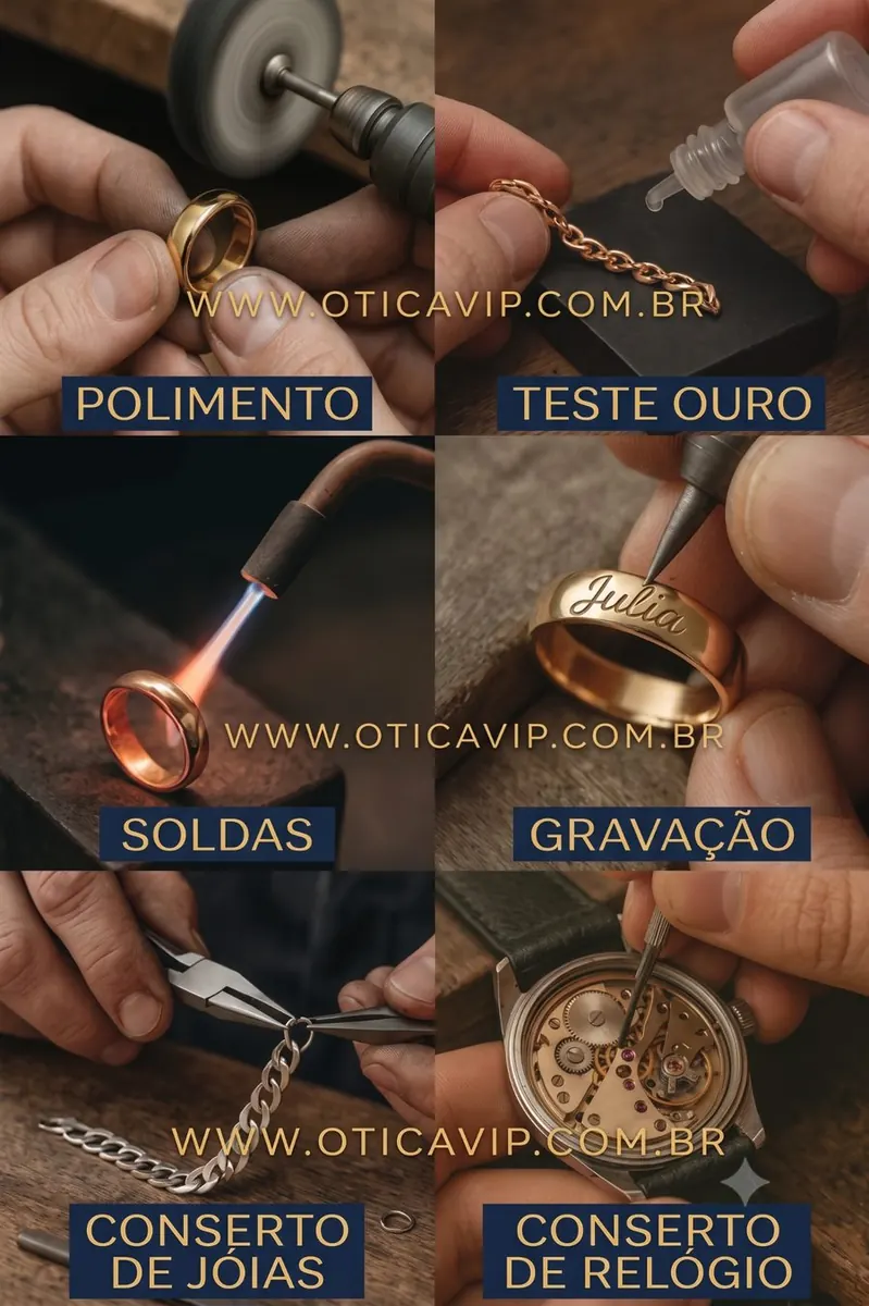 Oficina de assistência técnica da VIP Joalheria e Ótica em Guaíba RS — serviços de polimento de joias, teste de autenticidade de ouro, soldas, gravação em alianças, conserto de joias e conserto de relógios